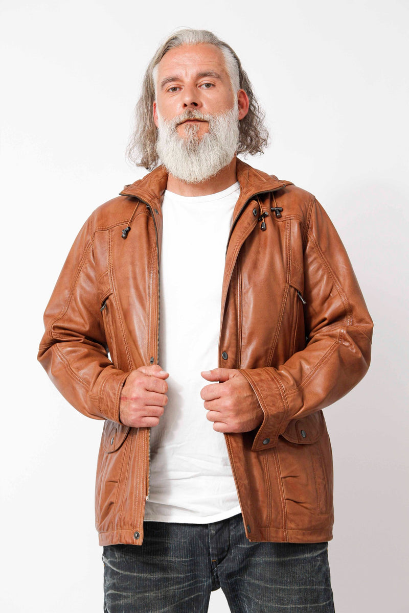 Herren Lederparka in Cognac Vintage Look aus Lammnappa mit Kapuze