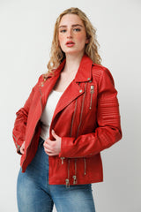 Damen Biker Lederjacke Rot Lammnappa mit Steppnähte und viele Zipper