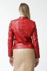 Damen Bikerstyle Lederjacke aus Lammnappa in Rot mit Stehkragen