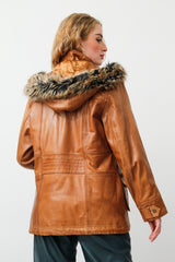 Damen Parka mit Kapuze in Lammnappa cognac vintage und Fellimitat