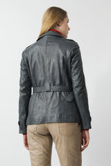 Leichte Damen Lederjacke in grau mit Gürtel aus Lammnappa