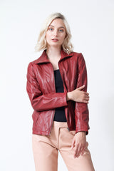 Taillierte Damen Lederjacke mit Reißverschluss in Lammnappa rot vintage ungefüttert